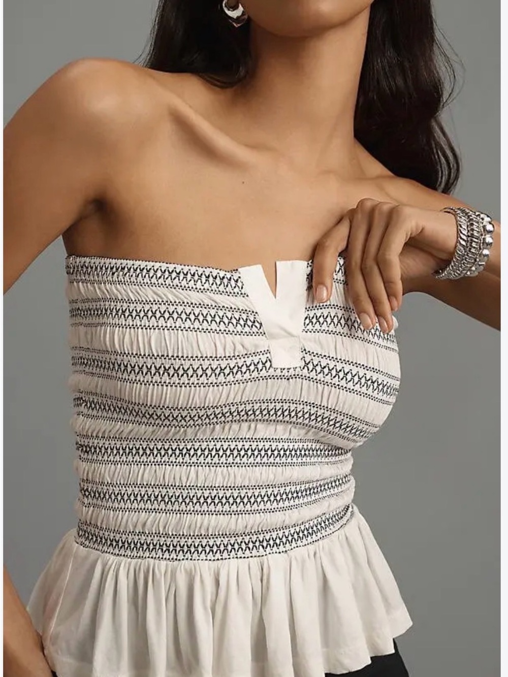 Anthropologie White Strapless Smocked Peplum Top with Black Stitching